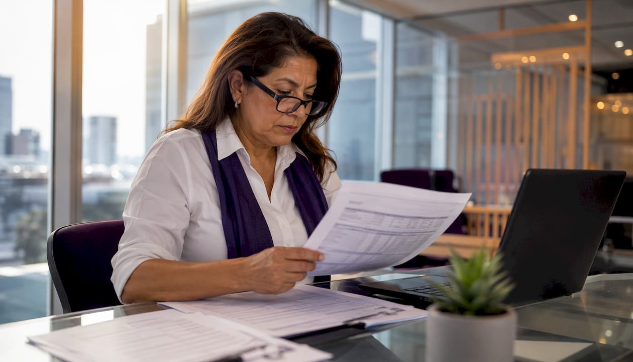 Accountant reviewing payroll reports at desk