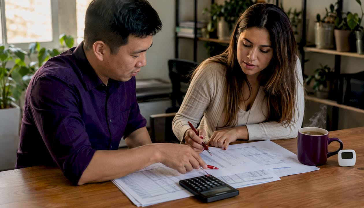 Two people collaboratively reviewing payroll documents