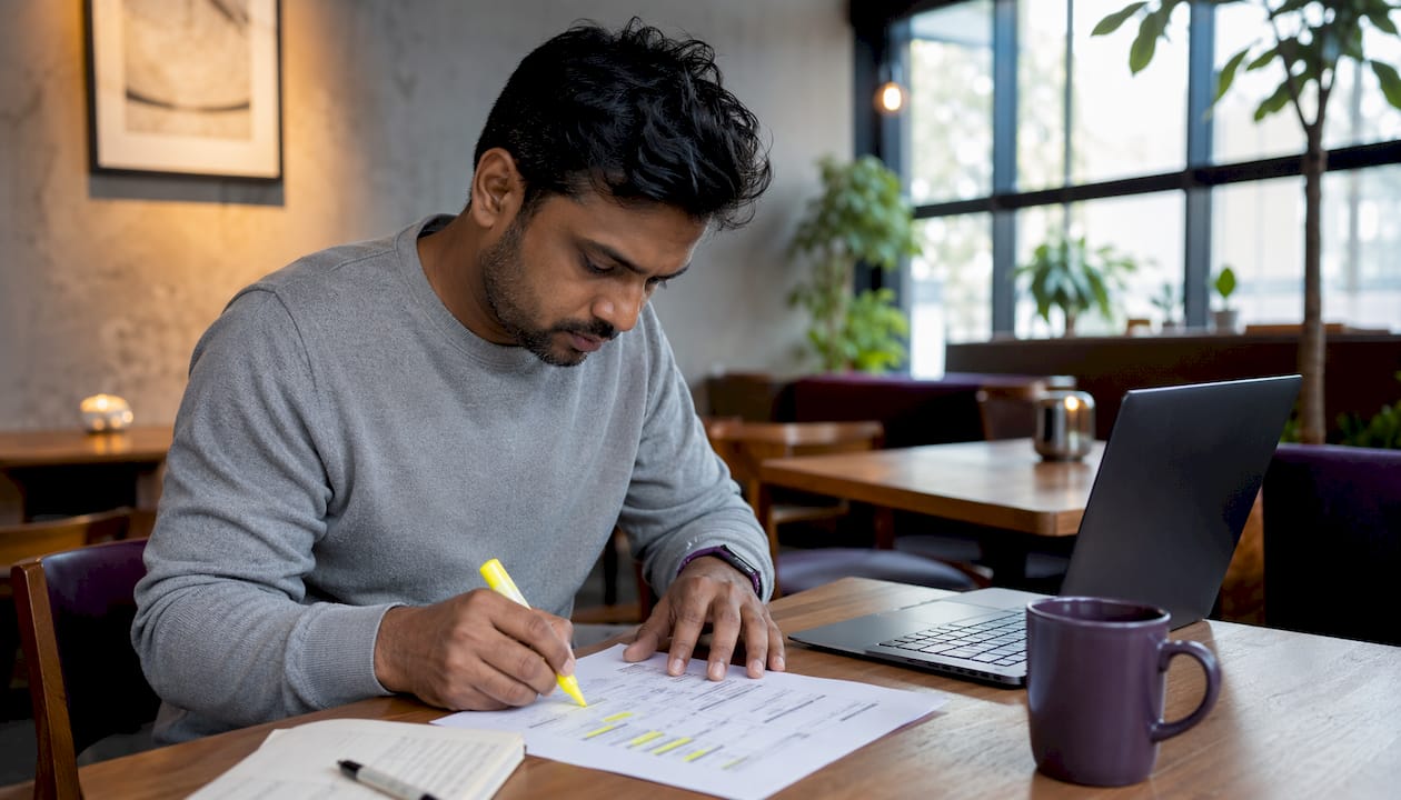 Man highlighting payroll summary to find errors