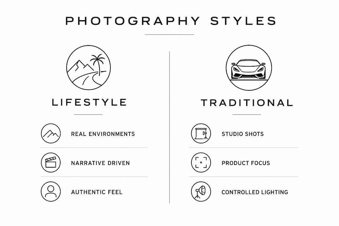 Infographic comparing lifestyle and traditional automotive photography