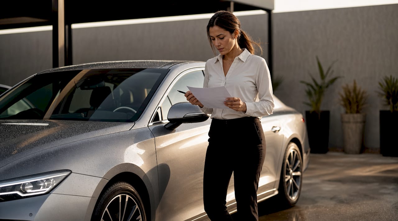 Dealership manager reviewing vehicle prep checklist indoors