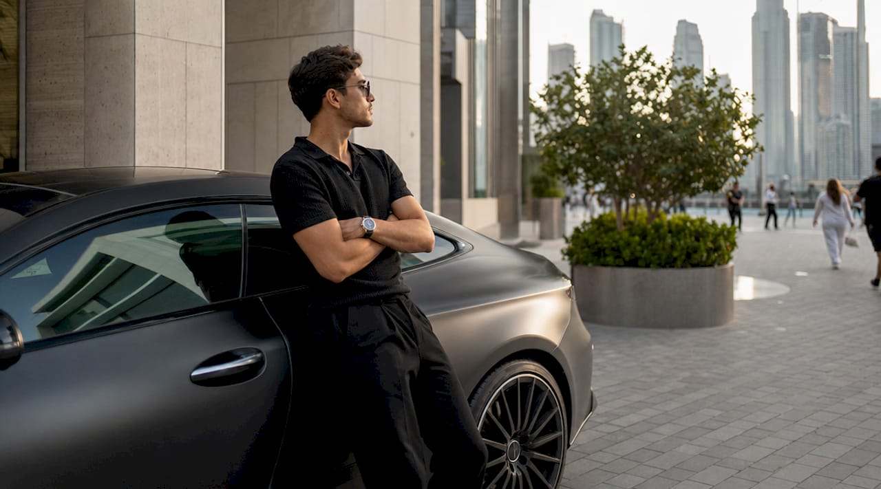 Man leaning on black car in graffiti urban alley
