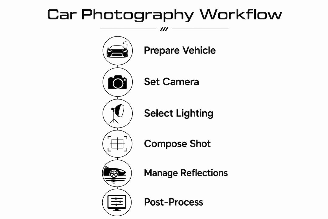 Infographic illustrating steps in automotive photography workflow
