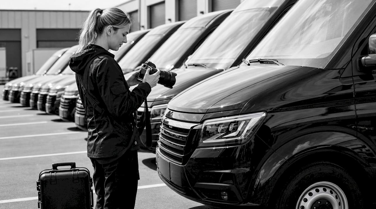 Photographer reviewing commercial truck fleet photos outdoors