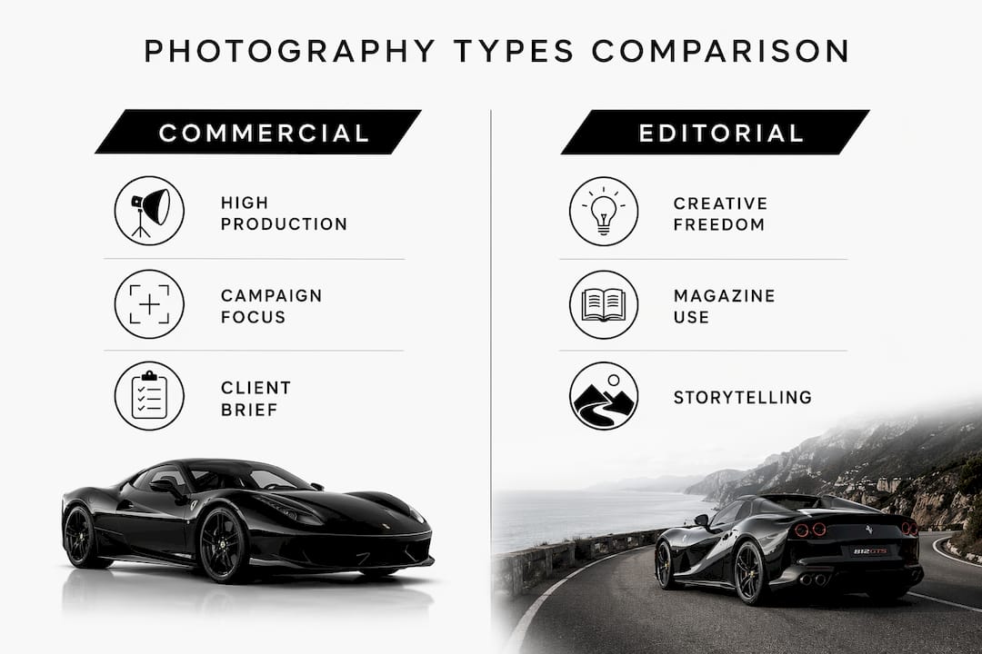 Infographic comparing commercial and editorial automotive photography