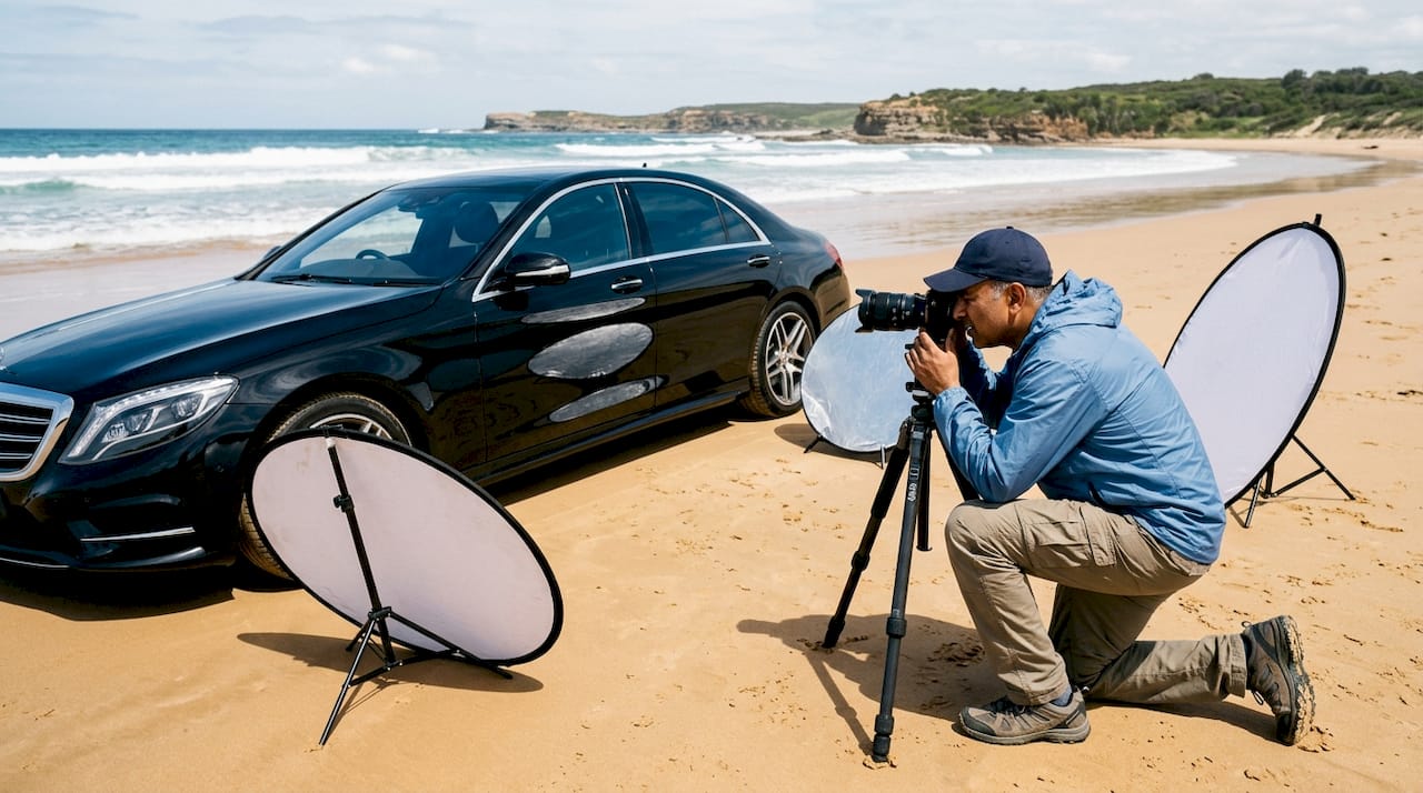 Photographer adjusting tilt-shift lens outdoors with luxury car