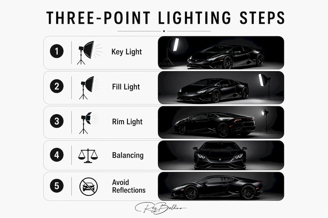 Infographic illustrating steps of three-point lighting