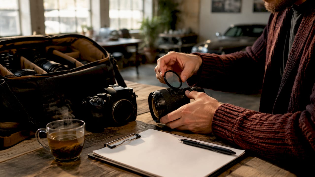 Photographer’s hands handling camera gear on studio table
