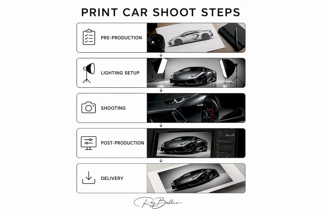 Infographic illustrating steps in car photography for print advertising