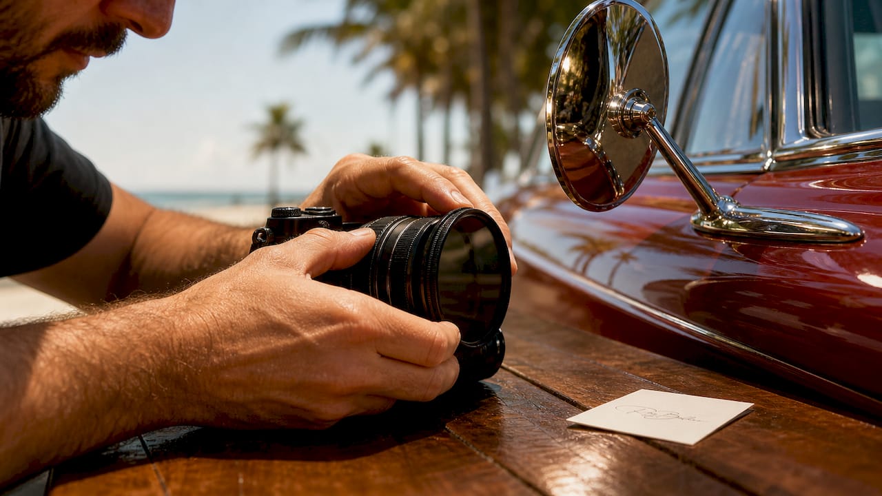 Photographer adjusting circular polarizer filter on DSLR camera