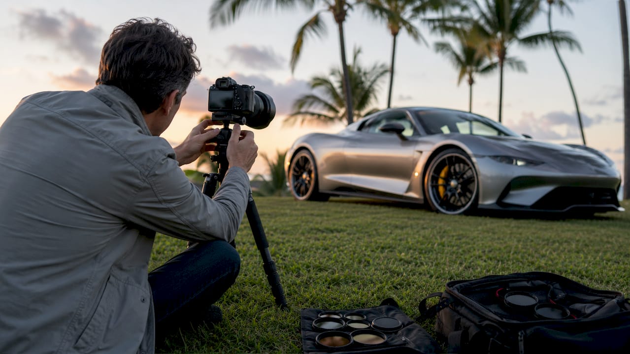 Photographer shooting car exterior details outdoors