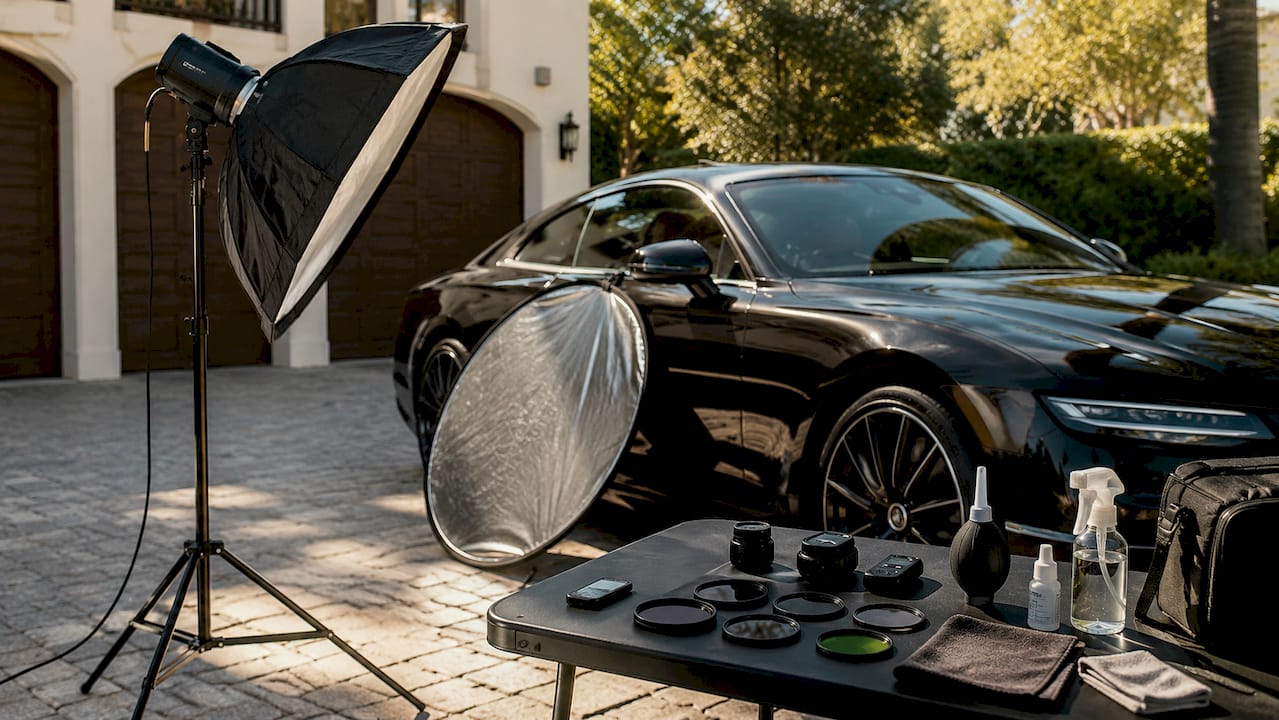 Studio lighting gear and accessories for automotive photography
