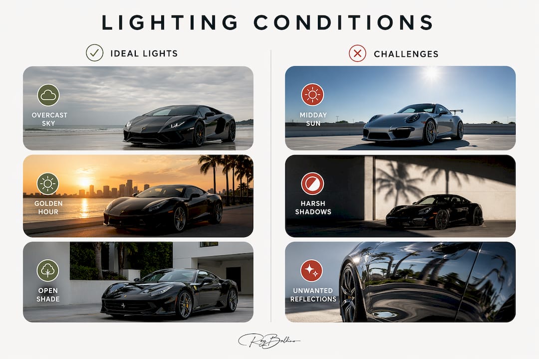 Infographic comparing ideal and challenging car lighting conditions
