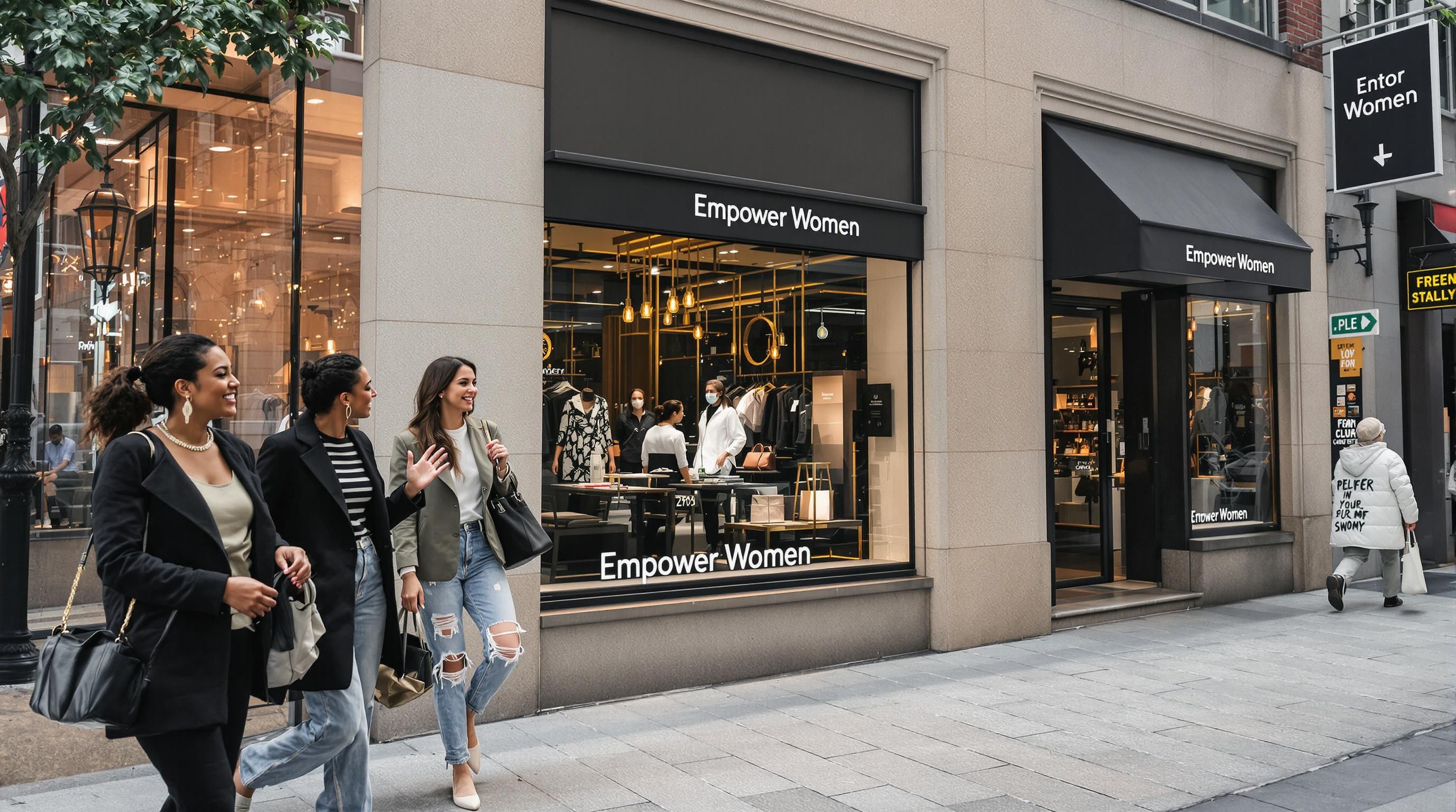 Diverse, confident women wearing fashionable clothing walk together near a shop window reading Empower Women.