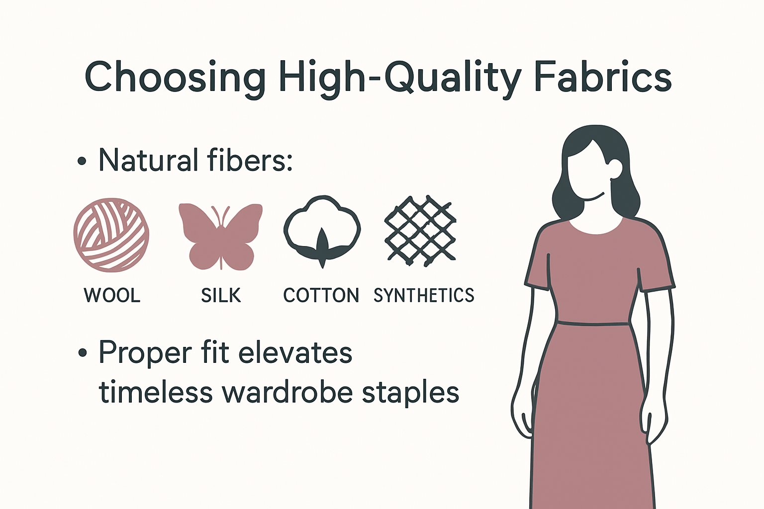 Infographic comparing fabrics and fit for timeless women’s wardrobe