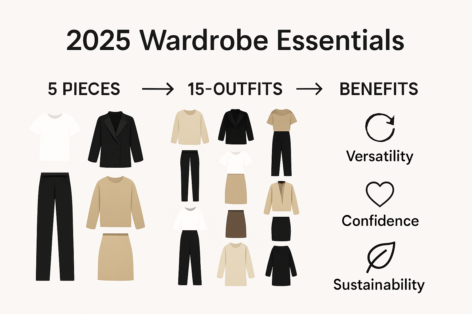 Infographic showing five core wardrobe items and outfit combinations