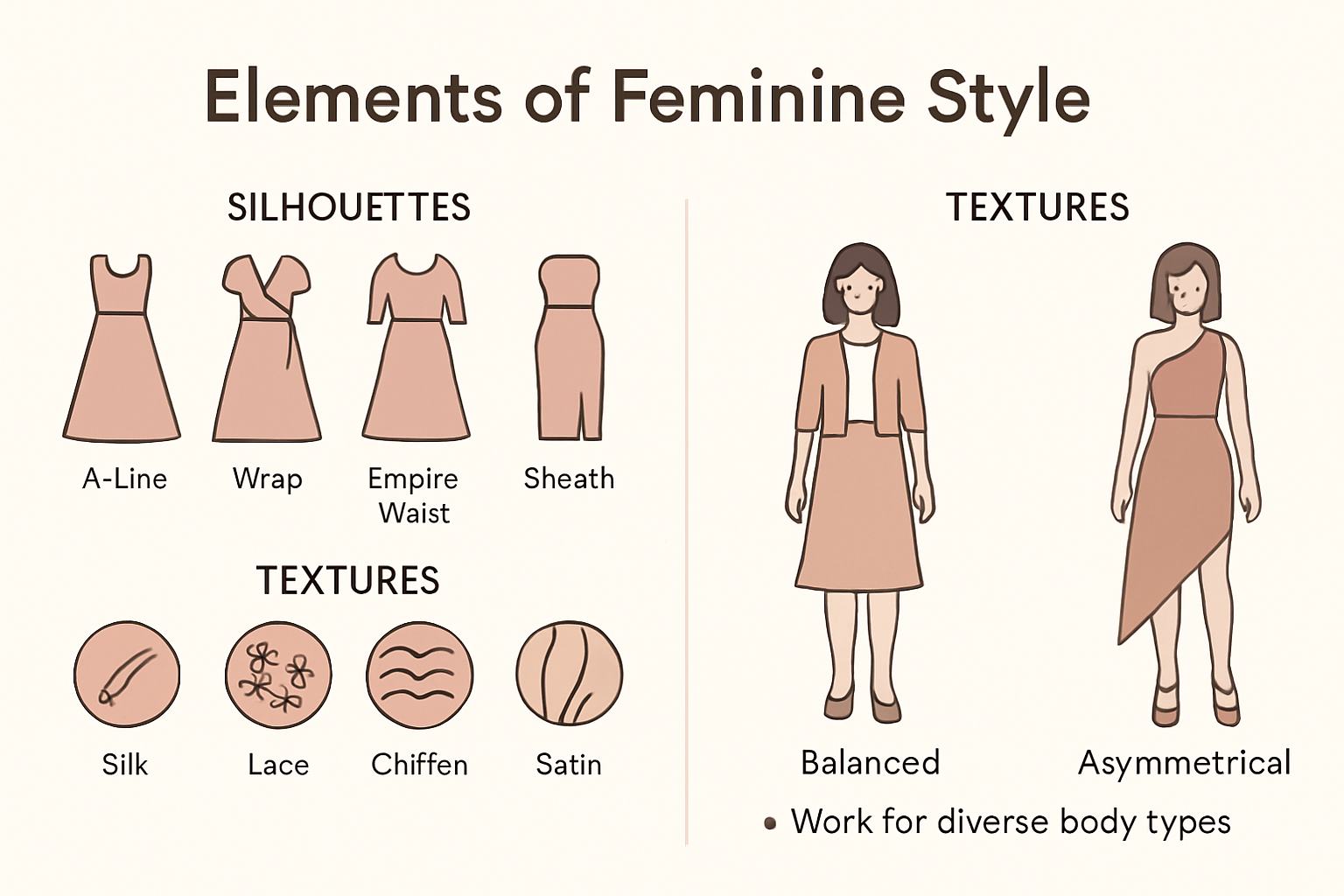 Infographic on silhouettes, textures, and balance in feminine style clothing