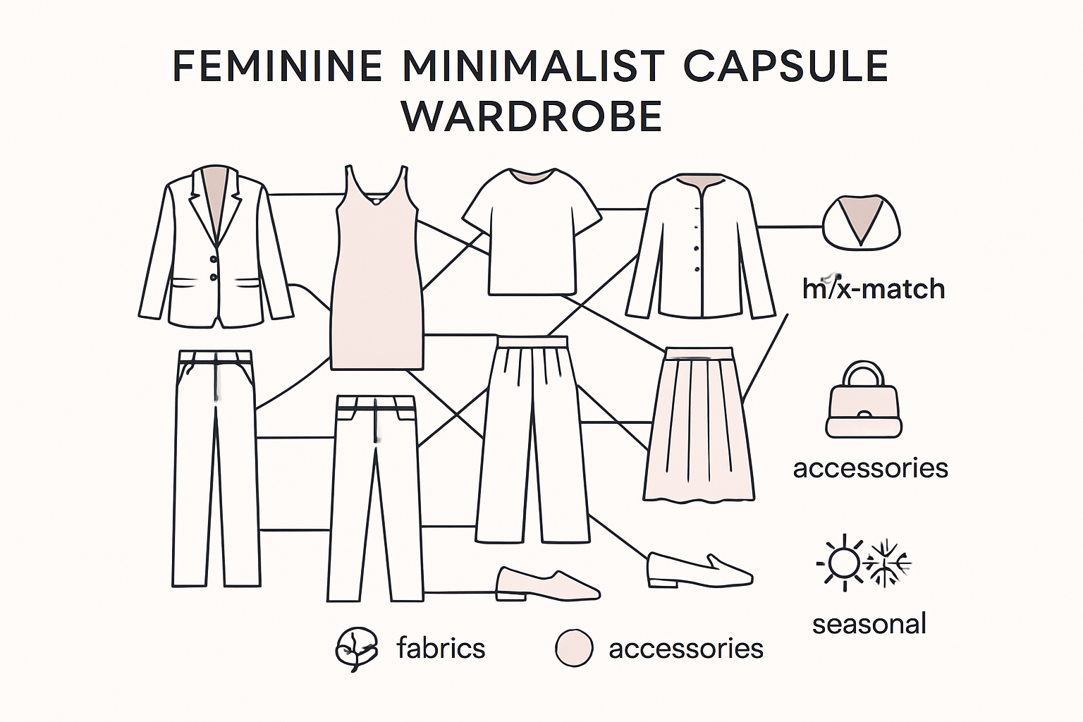 Infographic of feminine minimalist wardrobe essentials and outfit combinations