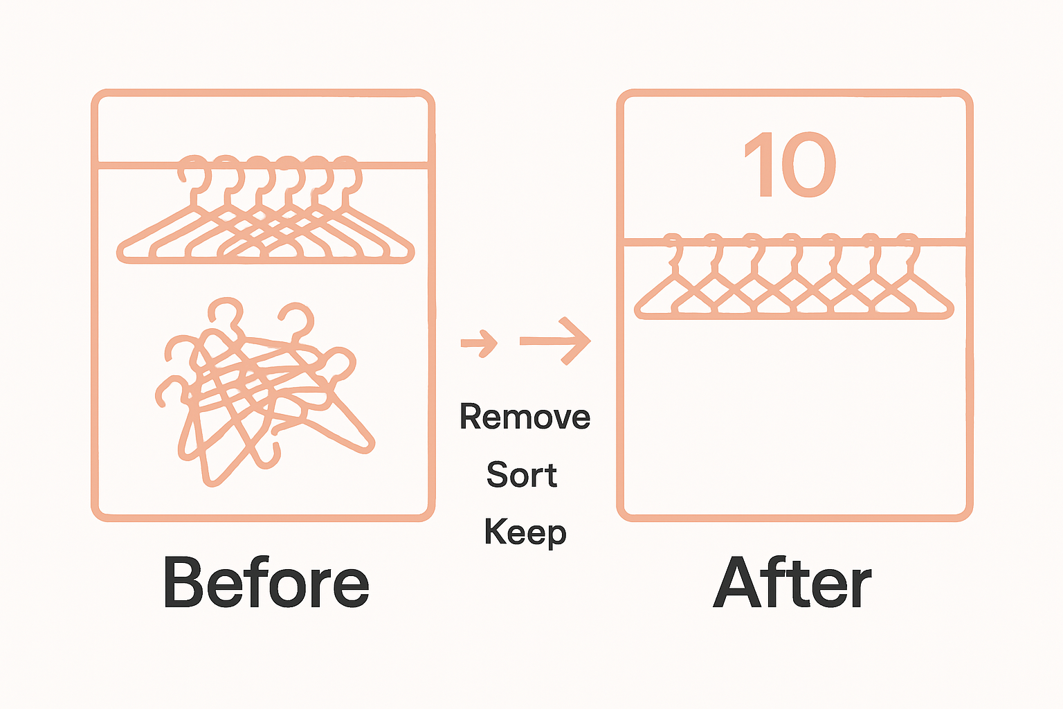 Before and after closet organization infographic with three-step process
