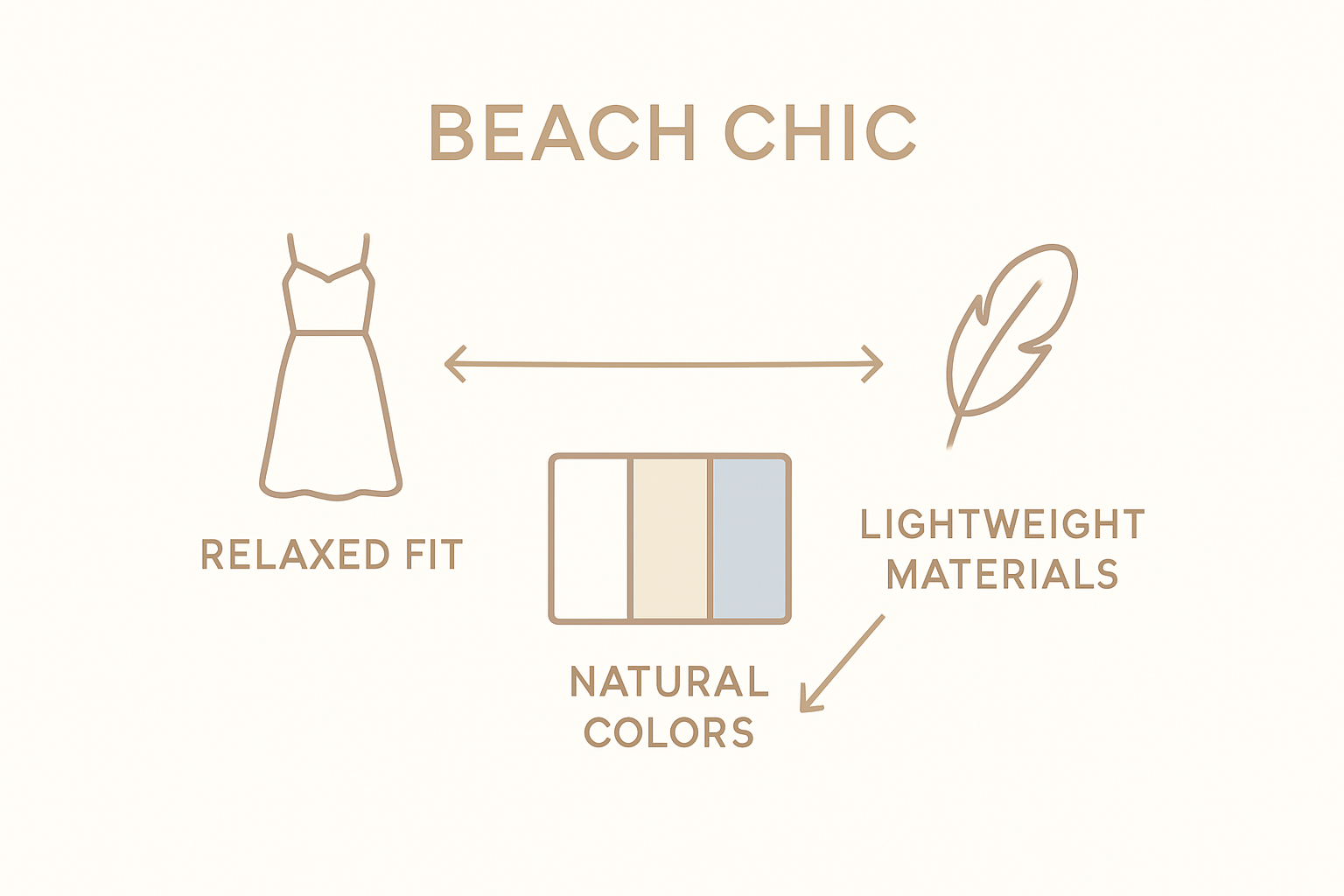 Infographic illustrating relaxed fits, natural colors, and lightweight materials of beach chic