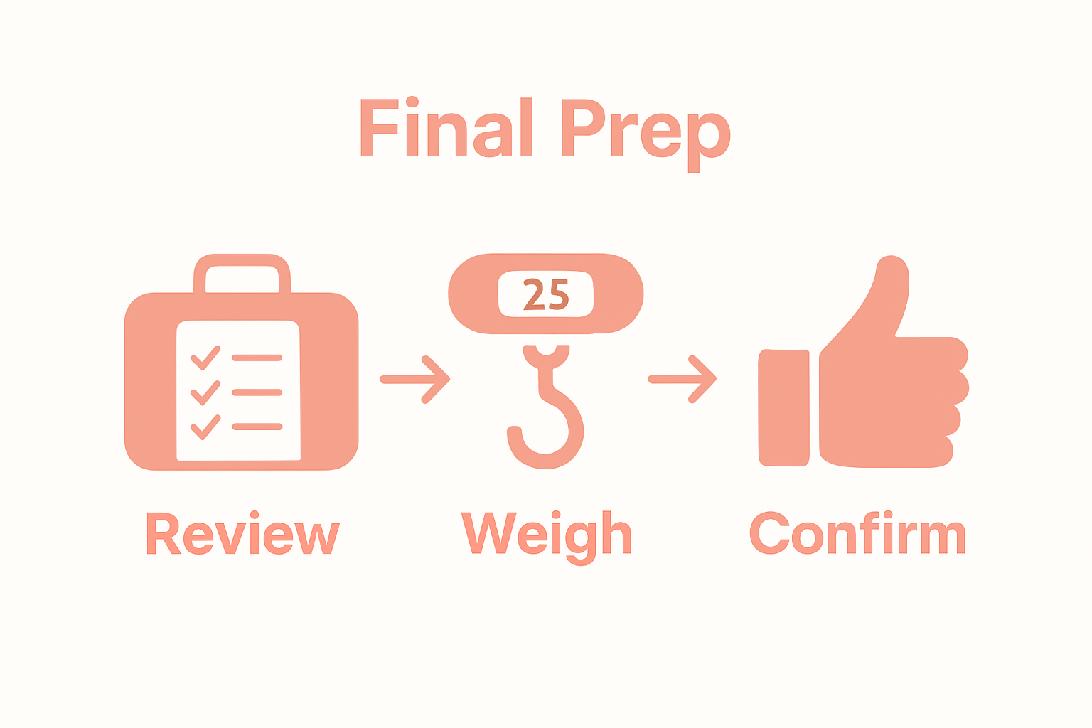 Simple workflow showing reviewing items, weighing luggage, and readiness check
