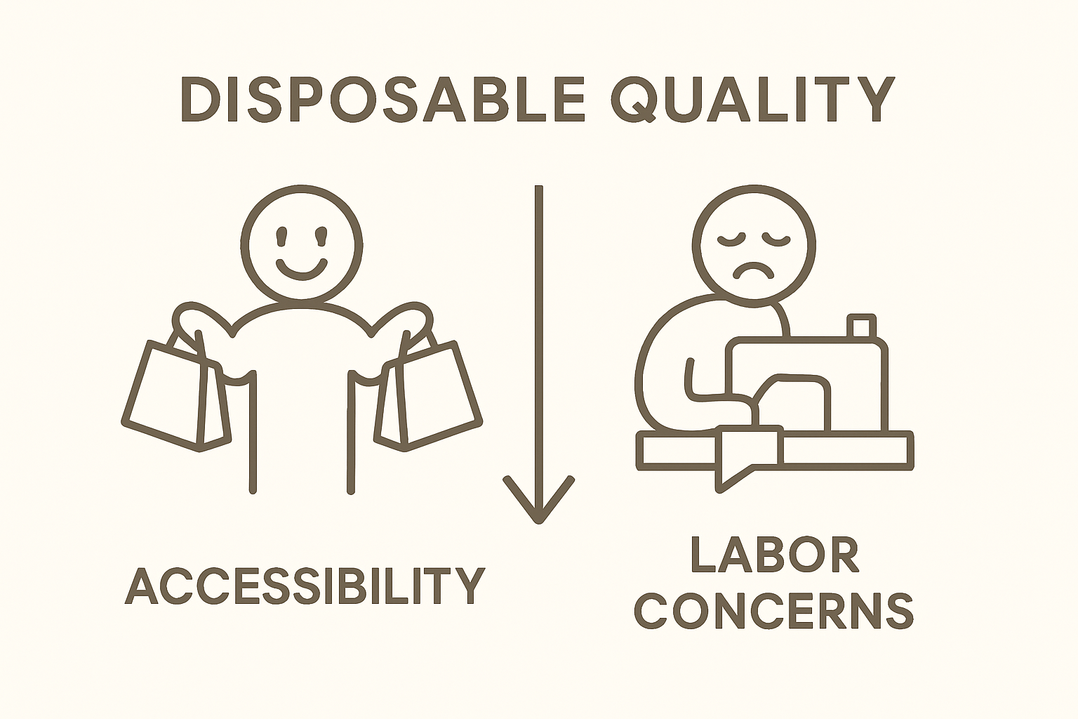 Infographic comparing accessibility, quality, and labor ethics in fast fashion.