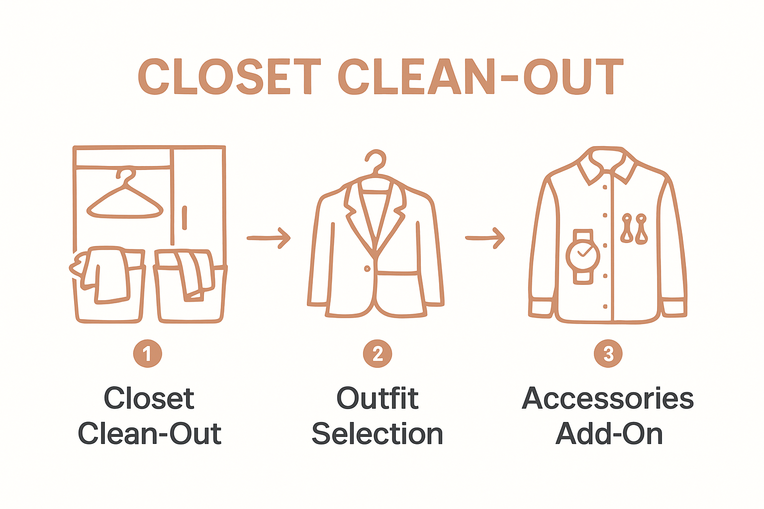 Step-by-step infographic: closet clean-out, outfit selection, add accessories.