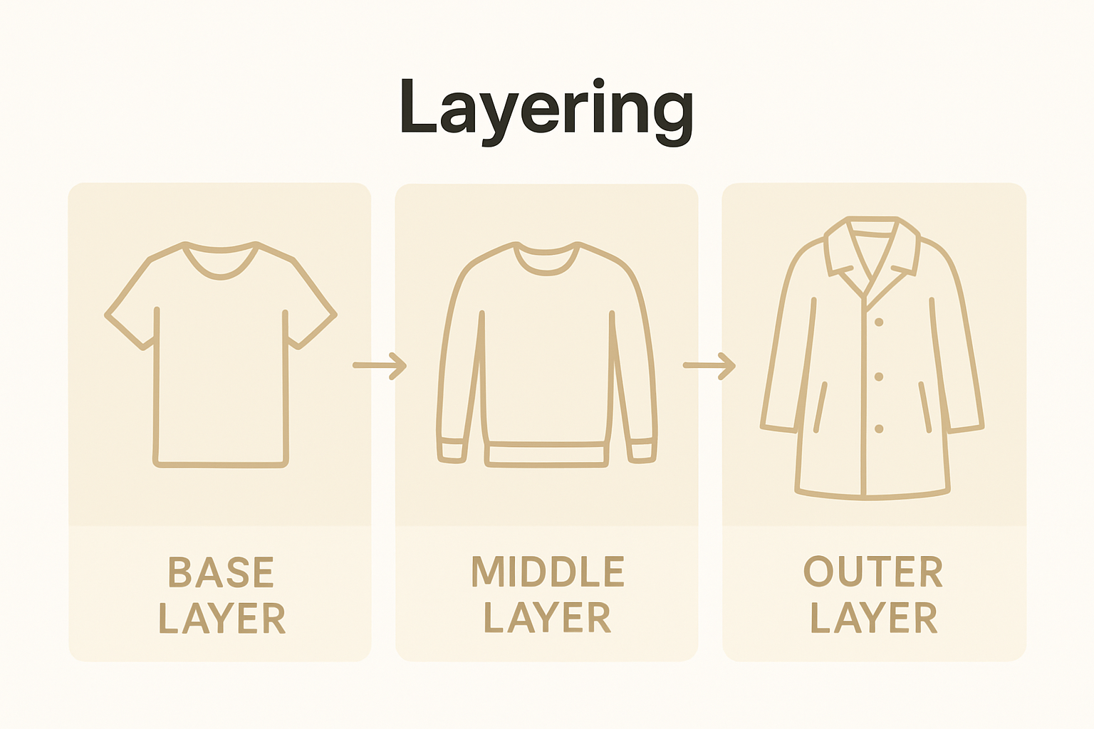 Simple infographic showing base, middle, and outer clothing layers in order.