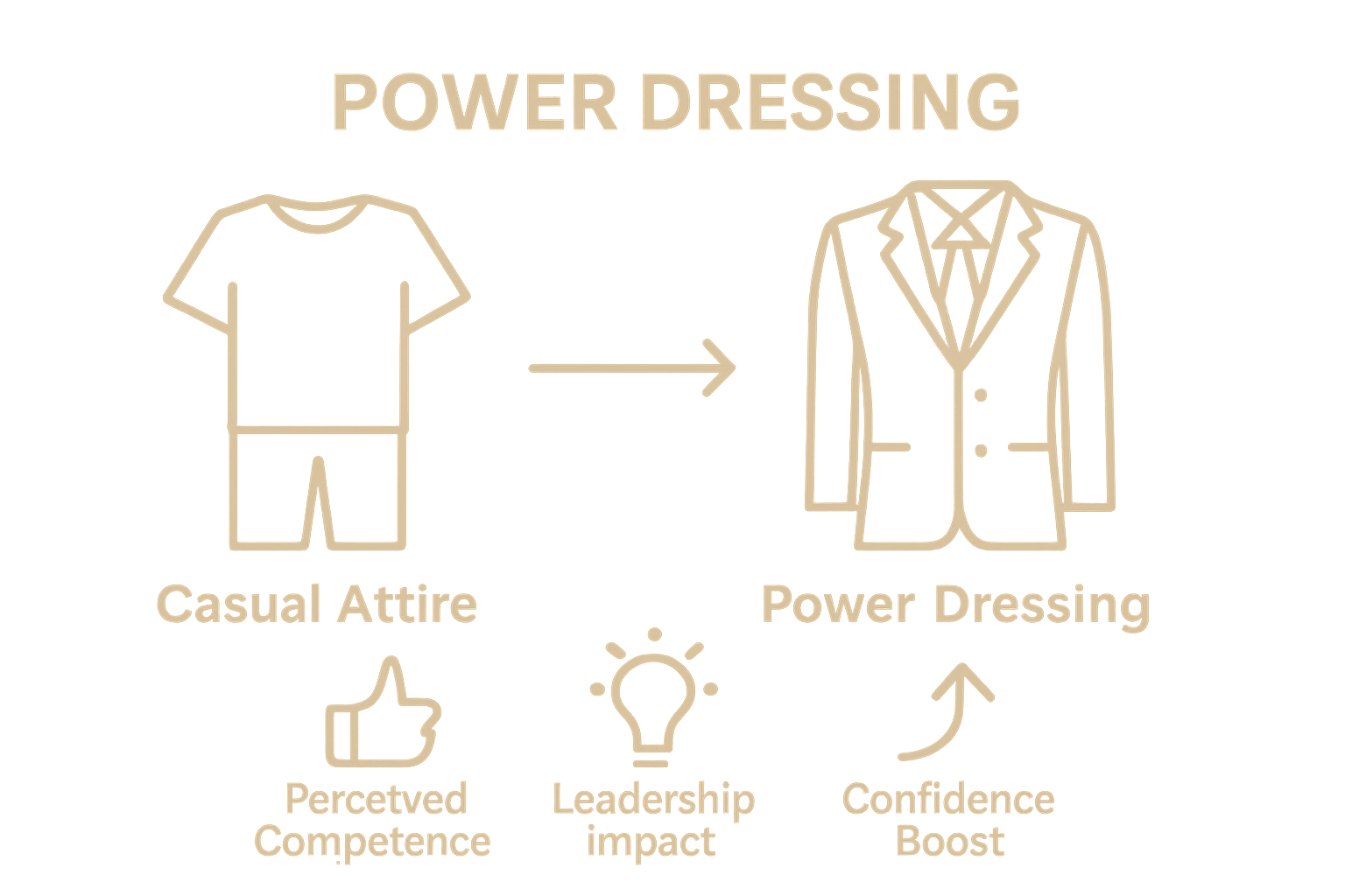 Infographic comparing casual attire versus power dressing on confidence and perception.