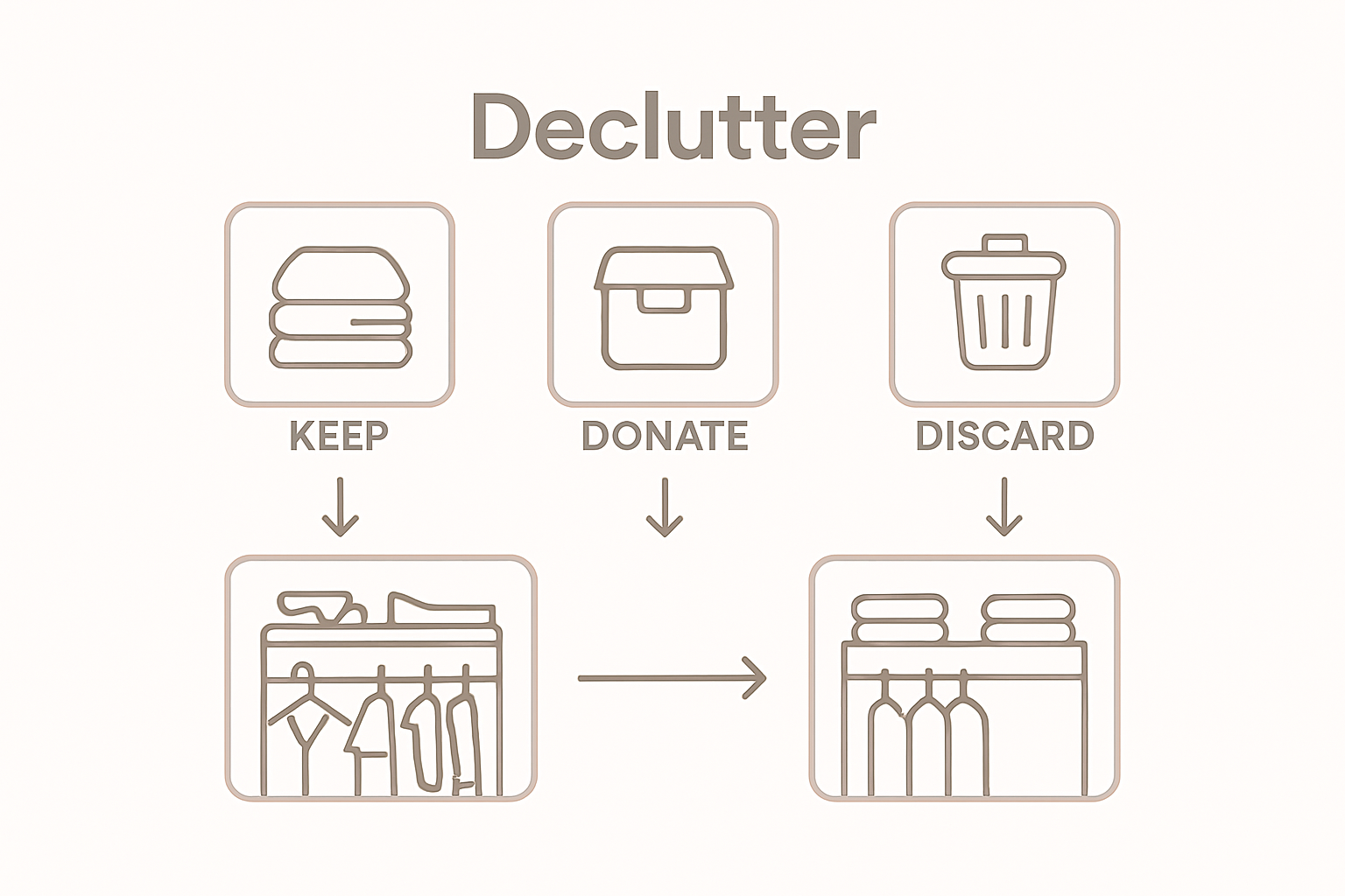 Infographic showing declutter, donate, discard steps with icons and arrows
