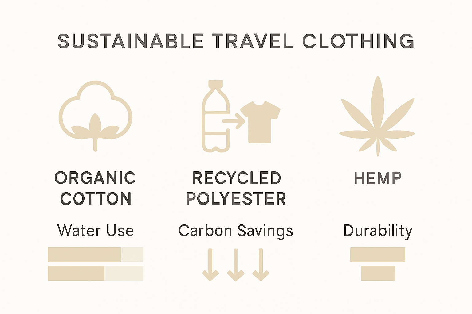 Comparison chart of organic cotton, recycled polyester, and hemp for travel clothing