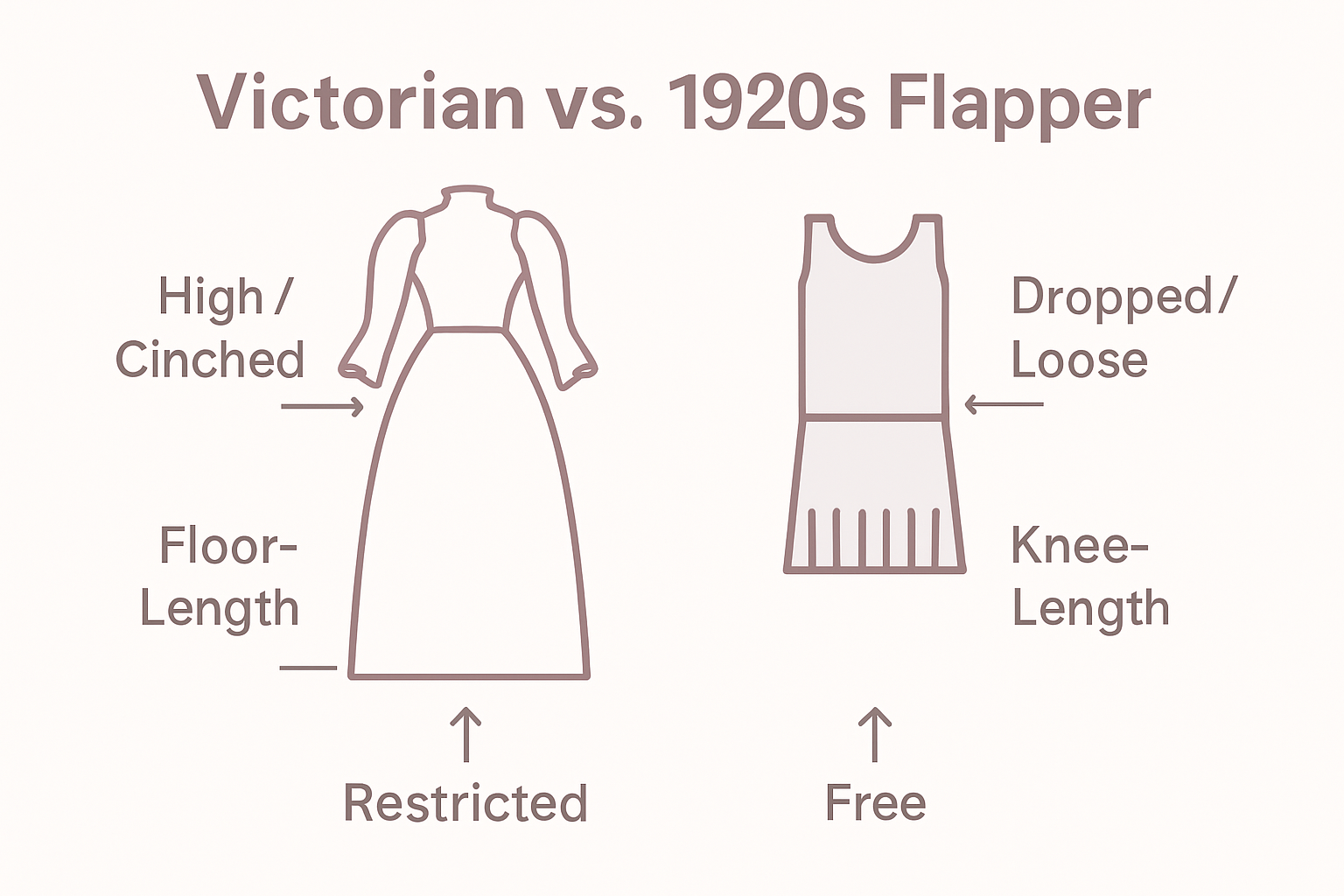Comparison of Victorian and 1920s flapper women's fashion
