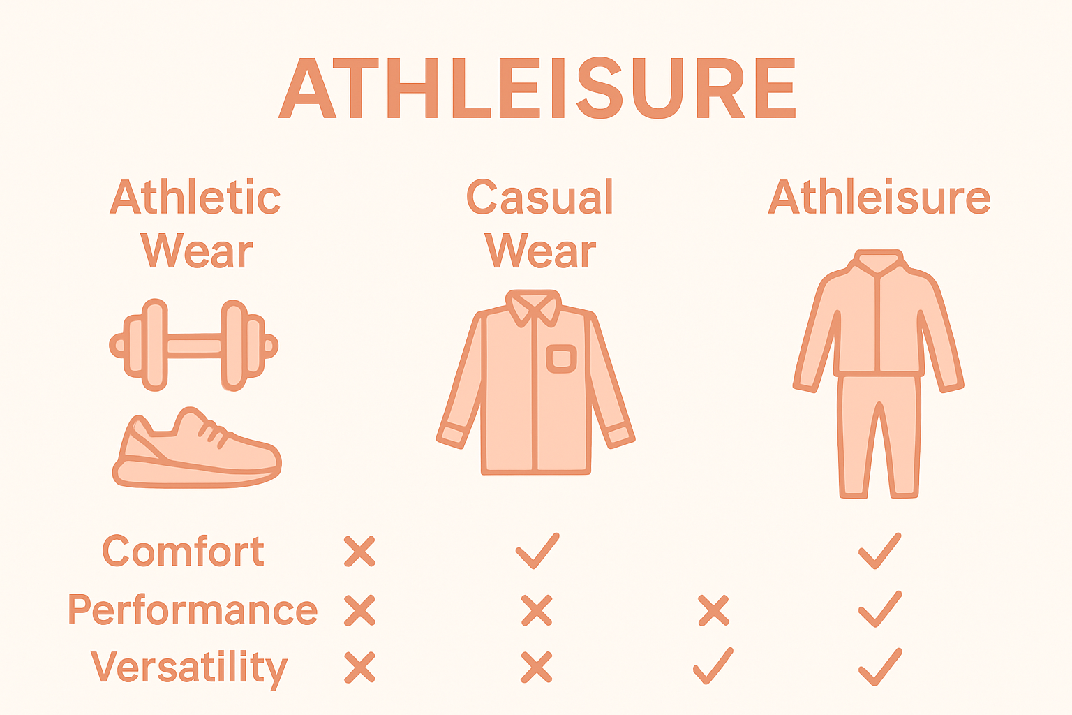 Comparison of athletic wear, casual wear, and athleisure with icons and checkmarks