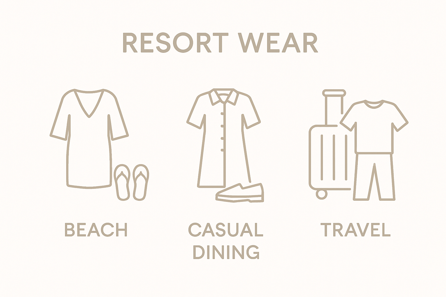 Three icons show beach, dining, and travel clothing styles.
