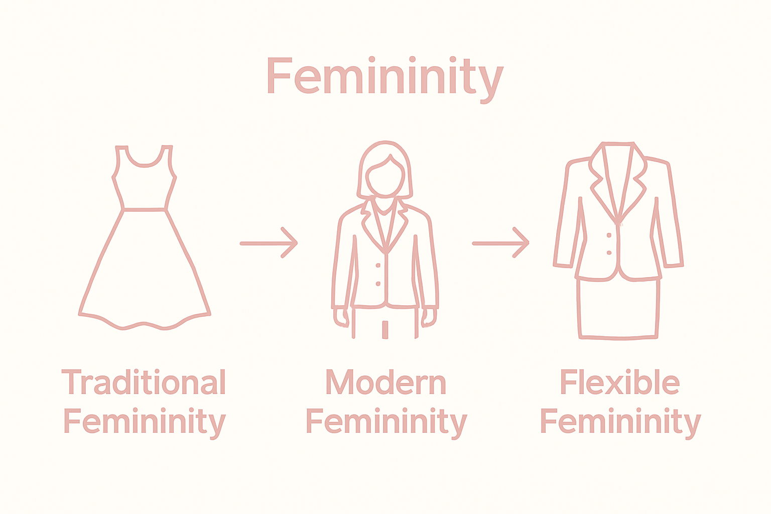 Evolution of femininity: traditional, modern, flexible icons with arrows
