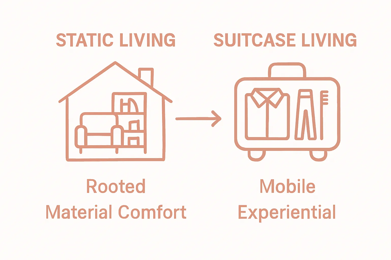 Infographic contrasting living out of a suitcase with traditional living