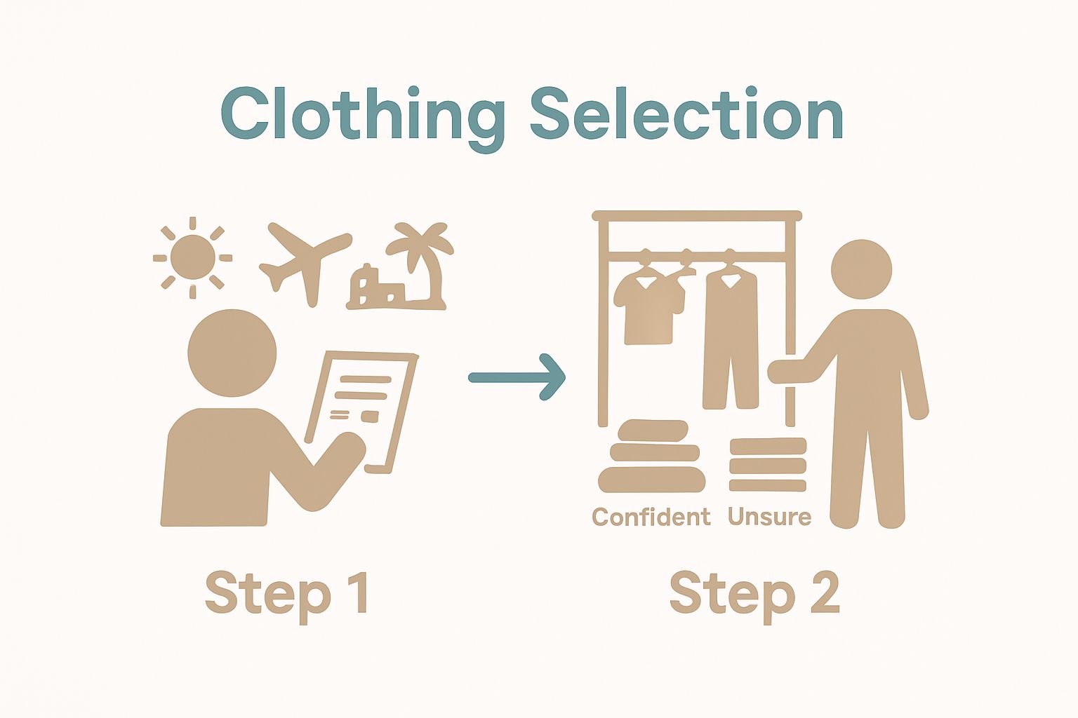 Two-step process: assess travel needs, select versatile clothing.