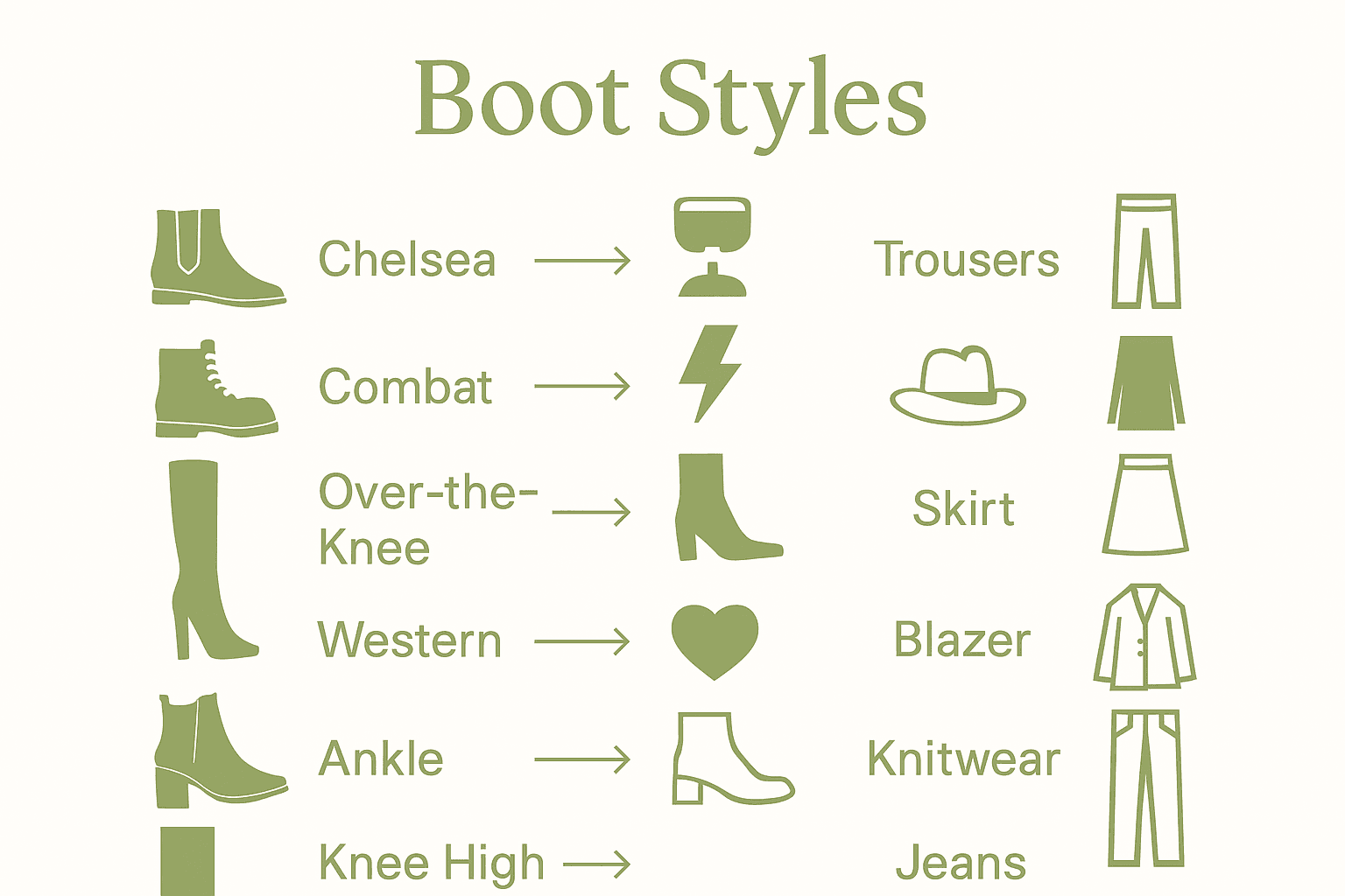 Infographic comparing common boot styles, moods, and outfit pairings.