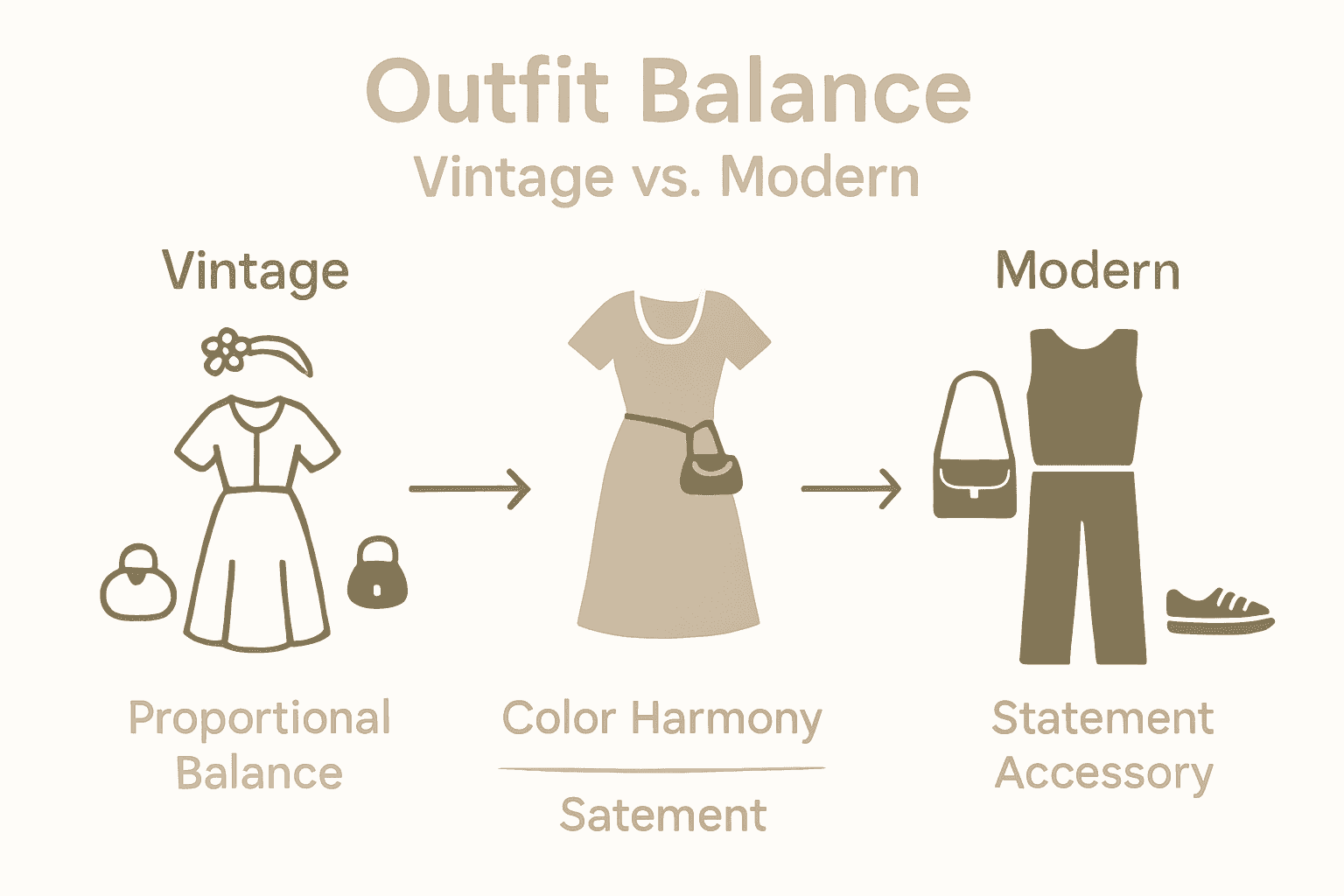 Infographic comparing vintage and modern outfit attributes for style balance.