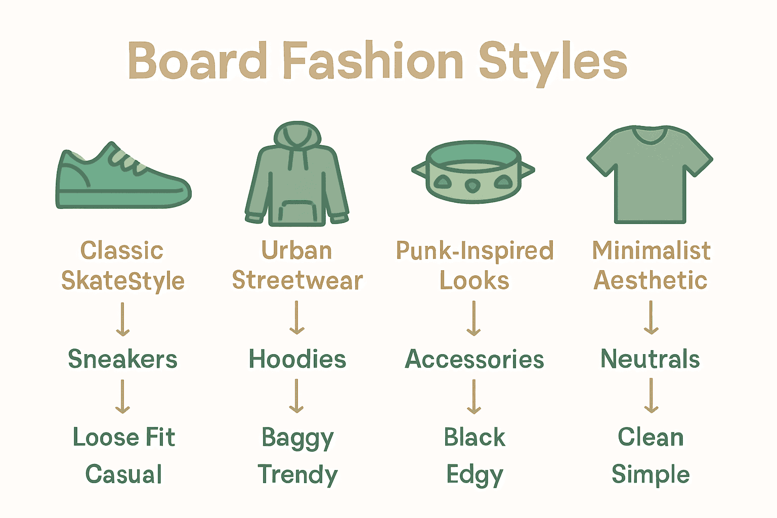 Infographic comparing four board fashion variations with icons and key features.