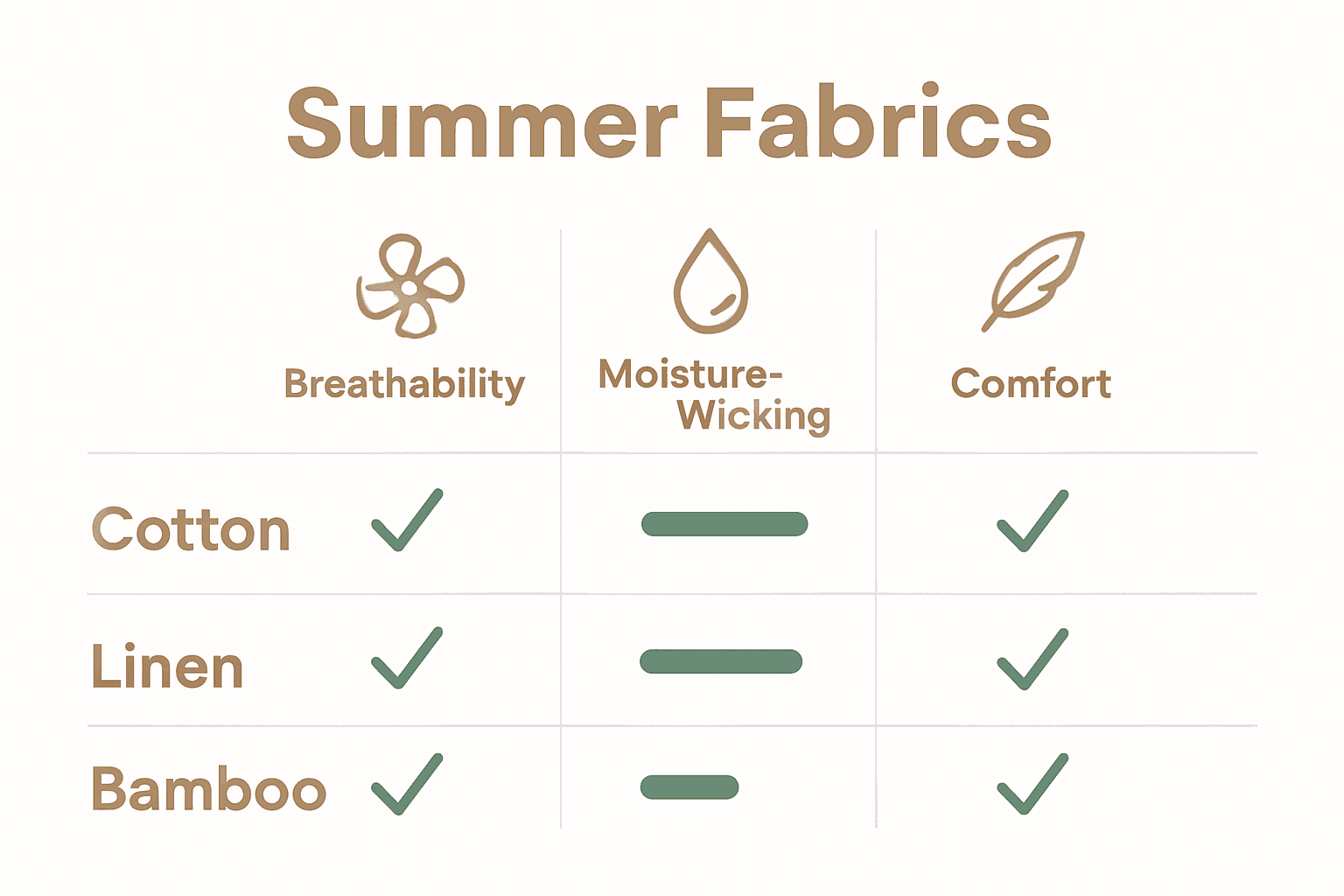 Infographic comparing summer fabric properties including cotton, linen, and bamboo