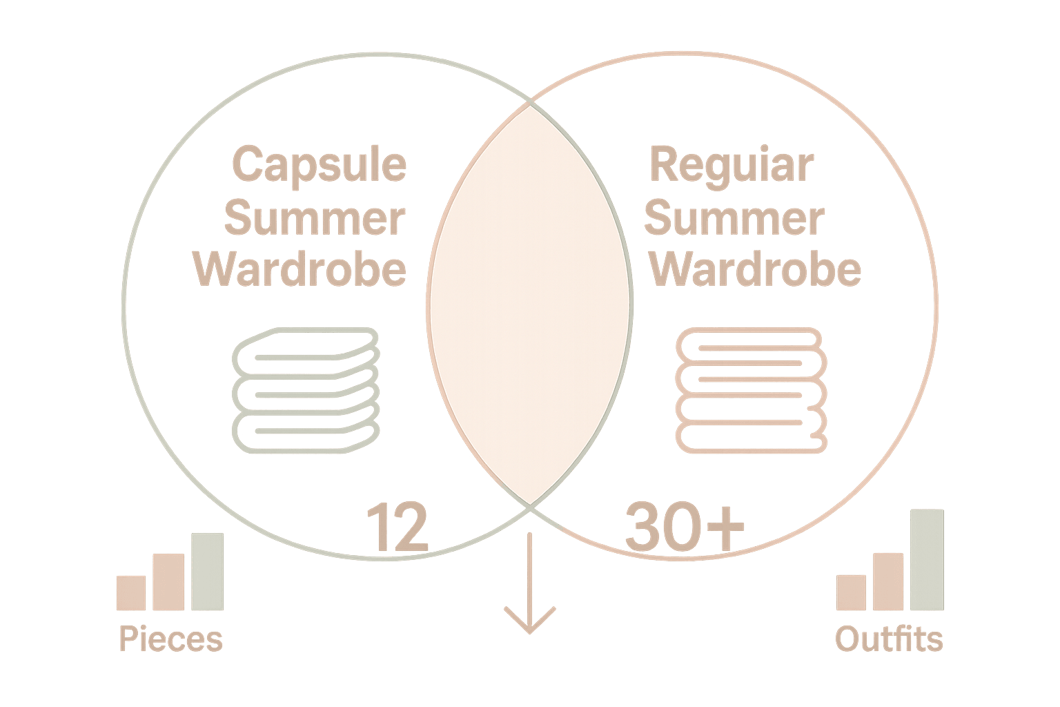 Infographic comparing capsule and regular summer wardrobes with icons and charts