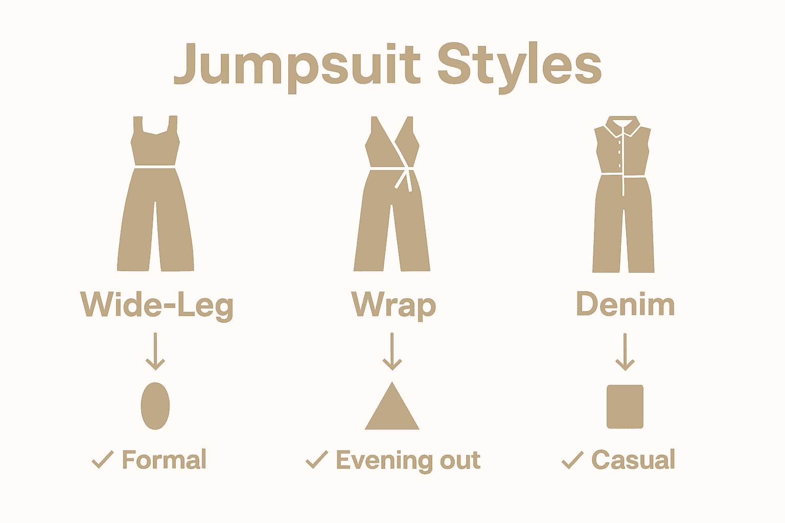 Infographic showing jumpsuit styles, body types, and occasions