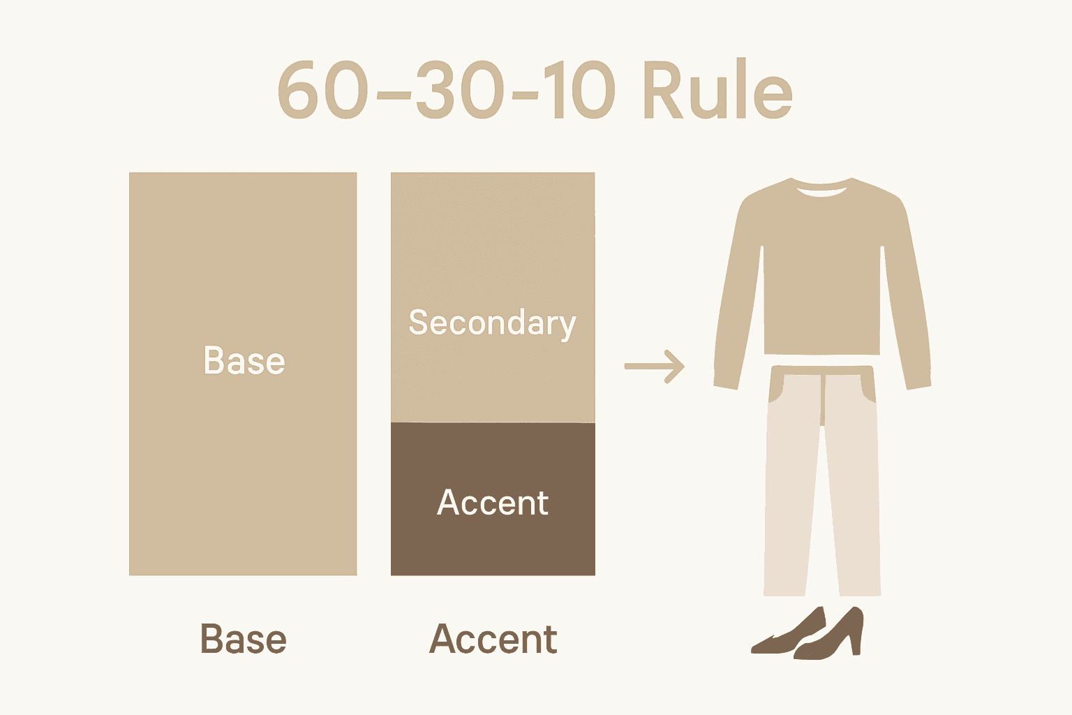 Visual chart illustrating the 60-30-10 rule for monochrome outfit harmony