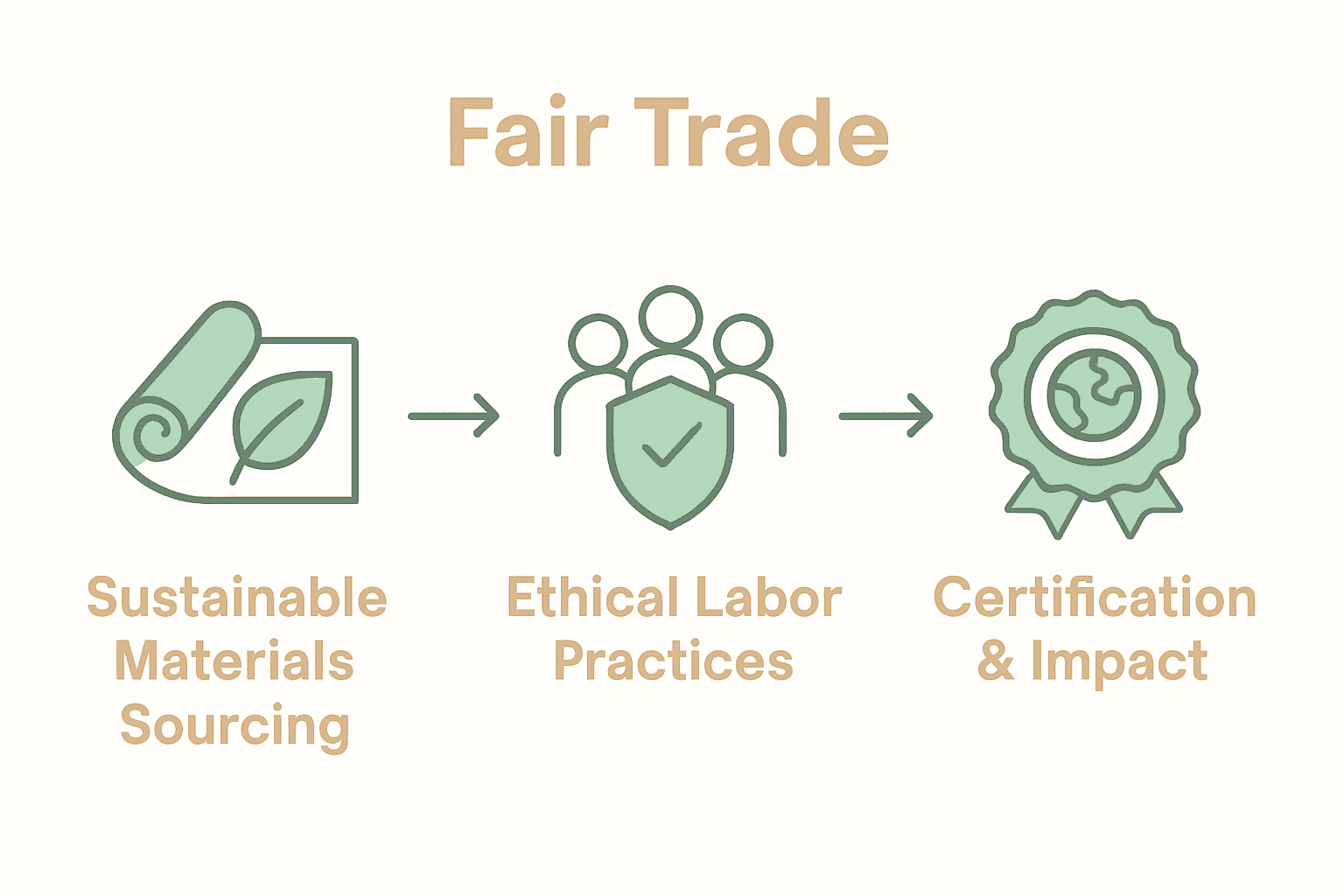 Infographic showing the fair trade clothing production process: materials, labor, certification.