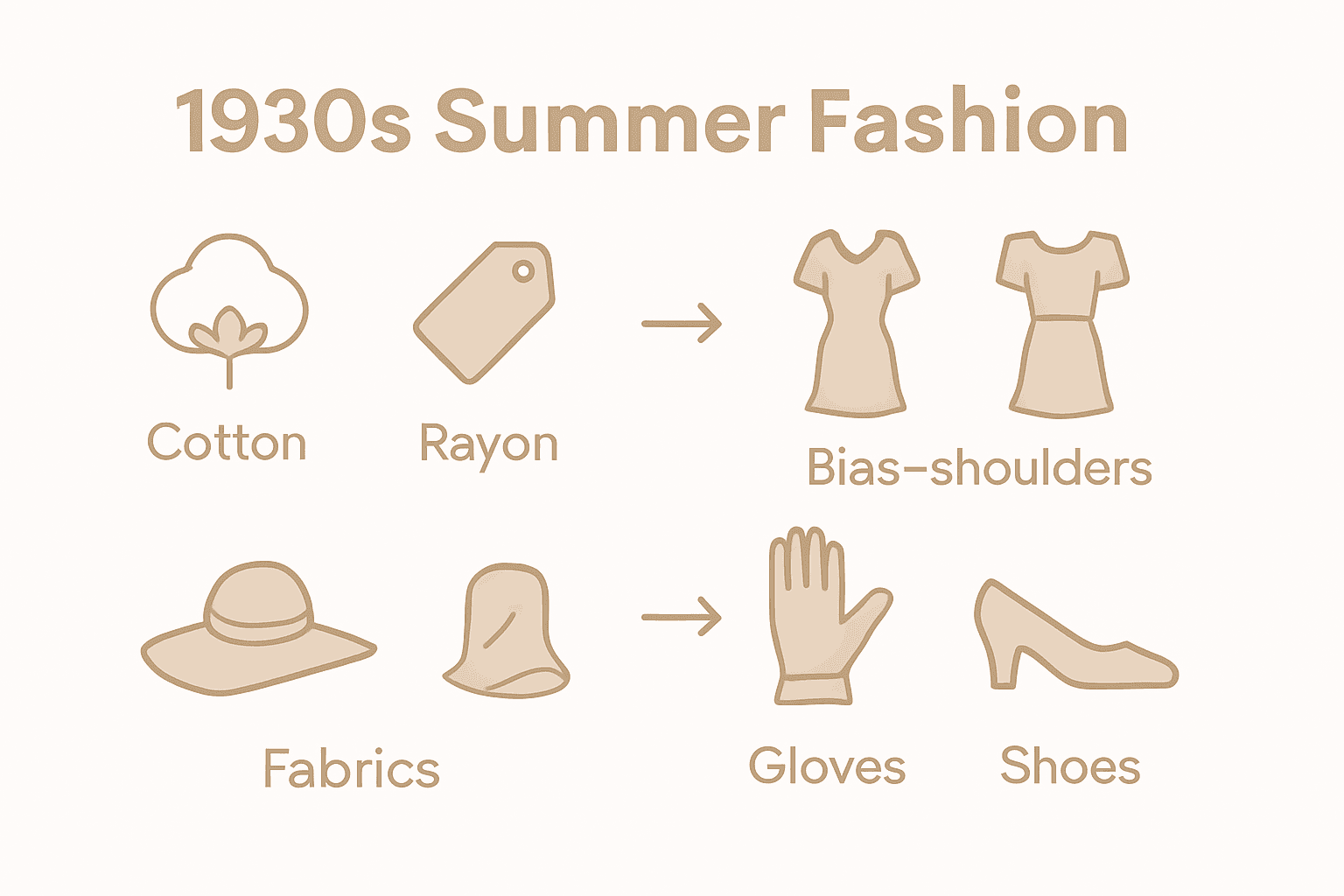 Infographic comparing 1930s summer fabrics, silhouettes, and accessories.