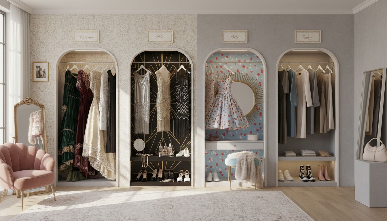 Walk-in closet showing four fashion eras
