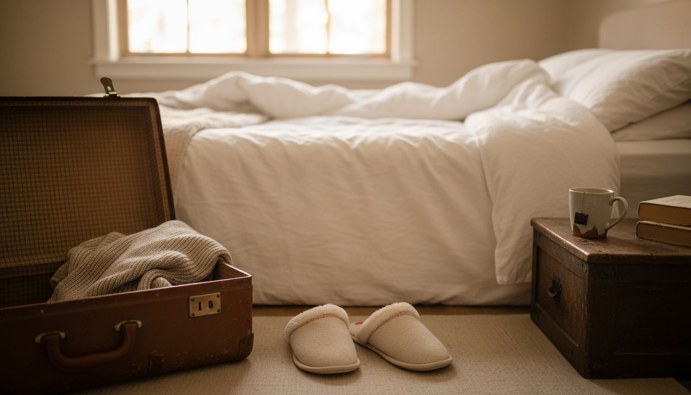 Plush slippers and suitcase by bed