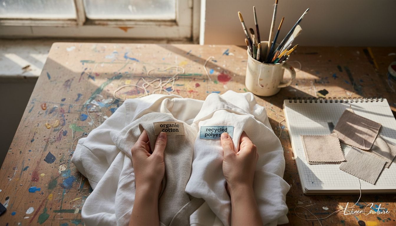 Hands holding shirts with eco fabric labels