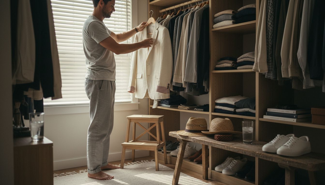 Man hanging linen blazer in sunlit closet